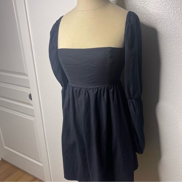 Reformation Size 2 Solid Black Short Mini Dress Long Pouf Sleeve - Picture 5 of 11
